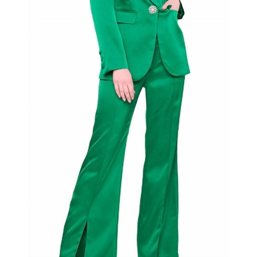 FLORA BEA CATIE PANTS SMALL GREEN SATIN LOOK FRONT LEG SLIT CENTER LEG SEAM